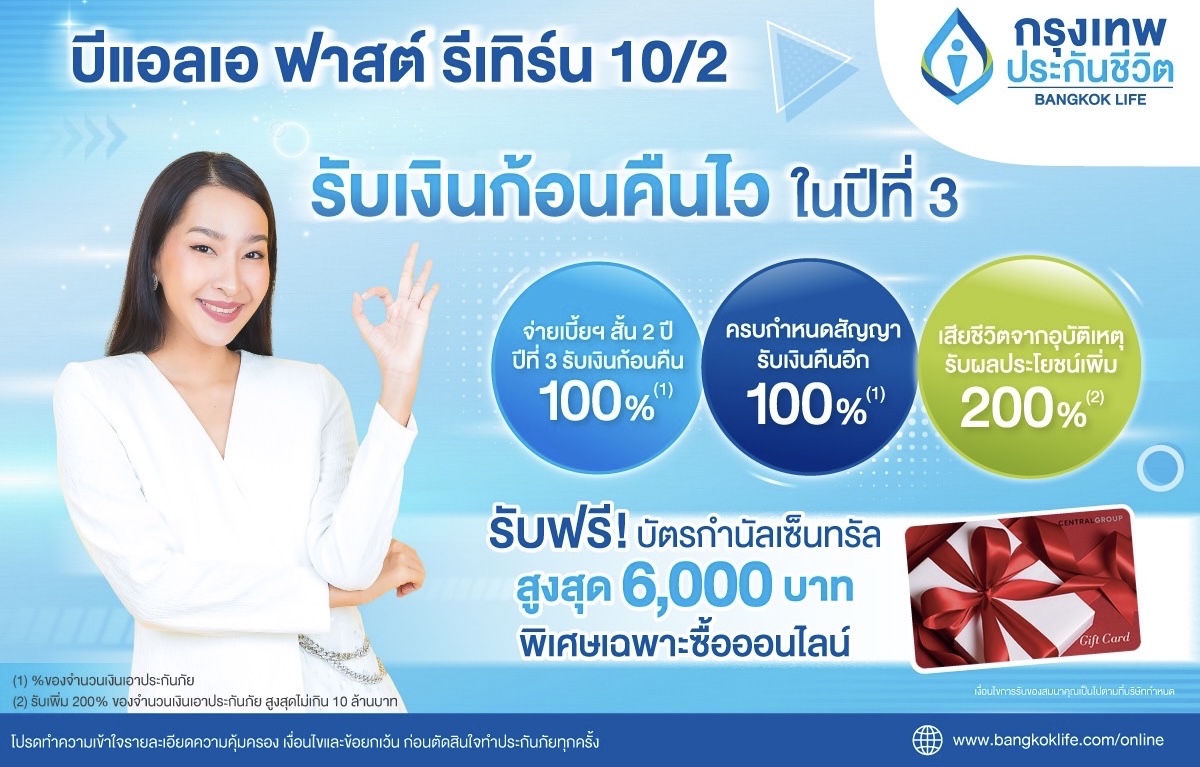 กรุงเทพประกันชีวิต ออกประกันสะสมทรัพย์ใหม่ รับเทศกาลลดหย่อนภาษีบีแอลเอ ฟาสต์ รีเทิร์น 10/2 จ่ายเบี้ยฯ สั้น 2 ปี รับเงินก้อนคืนไว 